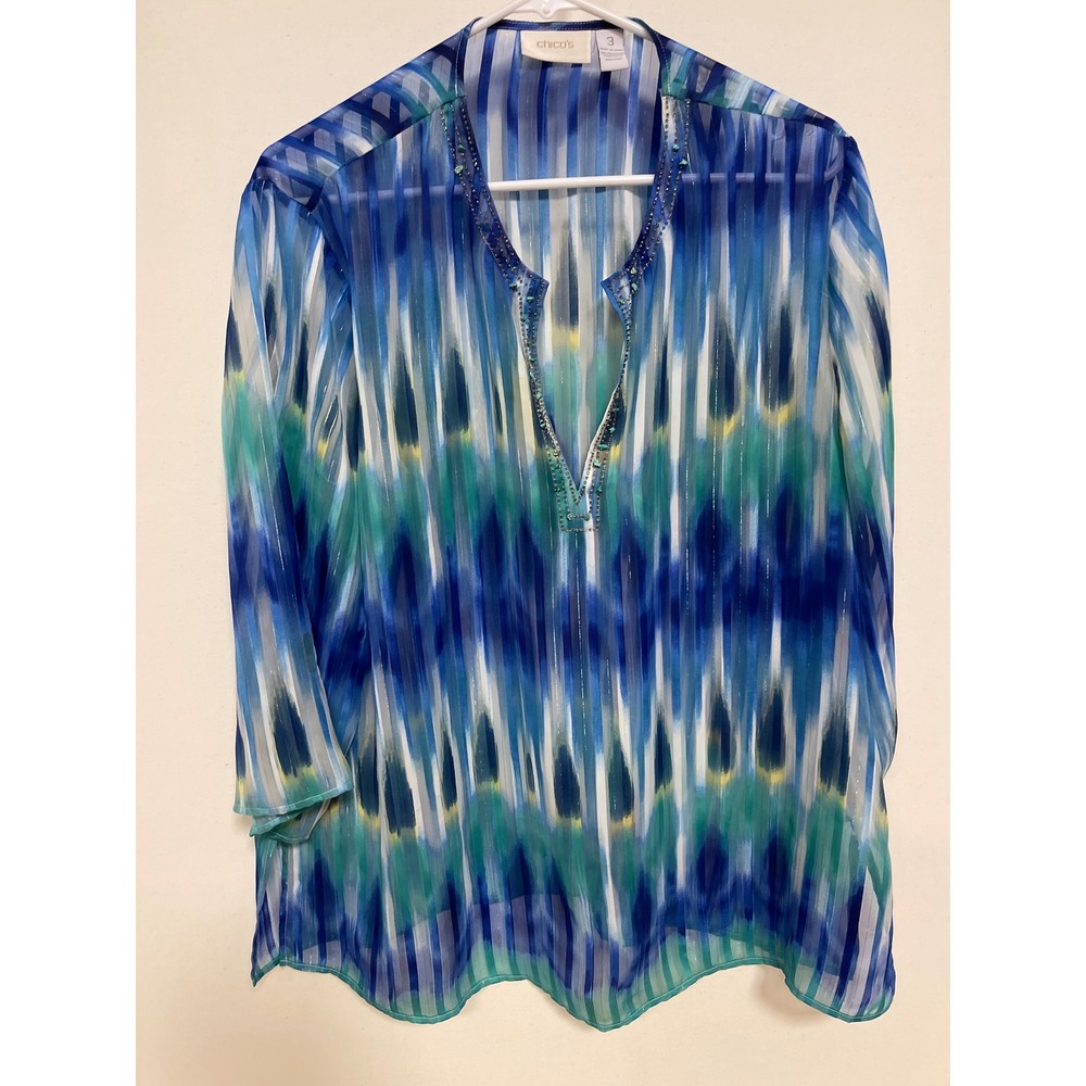 Chicos Blue Green Ikat Metallic Stripe Beaded Neck Tunic Top Size 3 XL